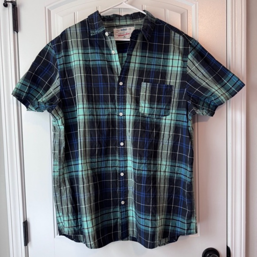 Urban Pipeline Mens XXL Plaid Button Down Navy Blue‎ Short Sleeve Cotton
